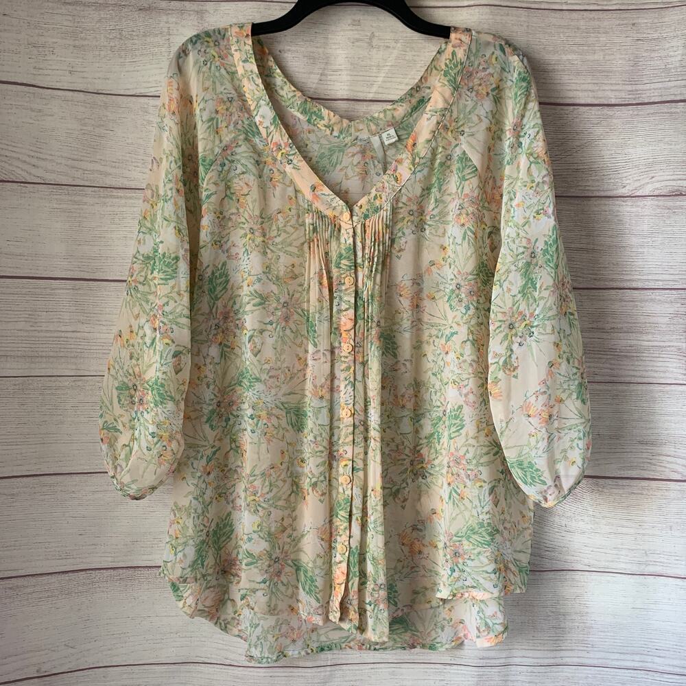 LC Lauren Conrad Peach Green Floral Button Up Blouse 3/4 Sleeves Size XL